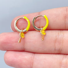 Load image into Gallery viewer, 18k Gold Filled, Colorful Earrings with Dangling Key Clicker Colored Hoops Summer Jewelry , Enamel Earrings
