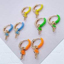 Load image into Gallery viewer, 18k Gold Filled, Colorful Earrings with Dangling Key Clicker Colored Hoops Summer Jewelry , Enamel Earrings
