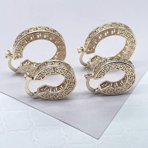 Gorgeous Unique 18k Gold Filled Geometric Three Sides Roman Patterned Hoop Earrings Jewelry Luxury Fine Woman