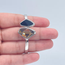 Load image into Gallery viewer, Silver Filled Cuff Bracelet: Brown &amp; Black Stone with Cubic Zirconia
