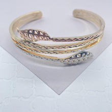 Load image into Gallery viewer, 18k Gold Filled Tri-Color Cuff Bangle: Textured Leaf Ends
