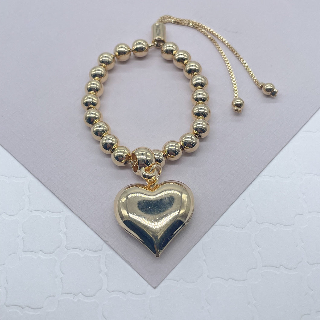 18k Gold Filled Adjustable Gold Beaded Bracelet Featuring Chunky Plain Gold