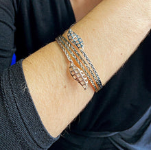Load image into Gallery viewer, 18k Gold Filled Tri-Color Cuff Bangle: Textured Leaf Ends
