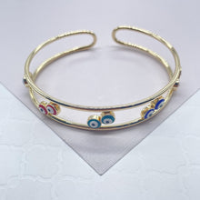 Load image into Gallery viewer, 18k Gold Filled Evil Eye Cuff Bracelet: Flower, Heart, Round
