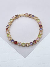 Load image into Gallery viewer, 18k Gold Filled Round Multi-Color Cubic Zirconia Bracelet, Colorful CZ Bracelet, Supplies
