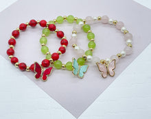 Load image into Gallery viewer, 18k Gold Filled Bead Bracelet: Natural Stone &amp; Butterfly Charm
