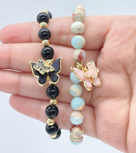 Load image into Gallery viewer, 18k Gold Filled Bead Bracelet: Natural Stone &amp; Butterfly Charm
