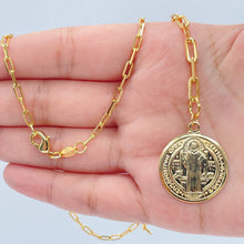 Load image into Gallery viewer, 18k Gold Filled Paper Clip Chain Necklace: Saint Benedict Medalla Lariat
