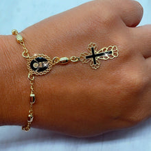 Load image into Gallery viewer, 18k Gold Filled Rosary Bracelet with Baby Jesus Coin Medal Pendant And Black Enamel Cross
