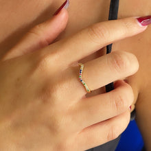 Load image into Gallery viewer, Half Eternity Chevron 18k Gold Filled Colorful Micro Pave Cubic Zirconia Ring, Dainty Stackable Band Ring
