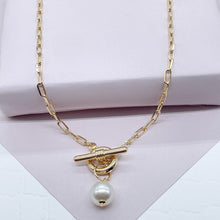 Load image into Gallery viewer, 18k Gold Filled Thin Paper Clip Necklace Lariat Featuring Pearl Toggle Closing
