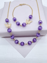 Load image into Gallery viewer, 18k Gold Filled Dark Purple Glass Bead Butterfly Set of Bracelet And Necklace
