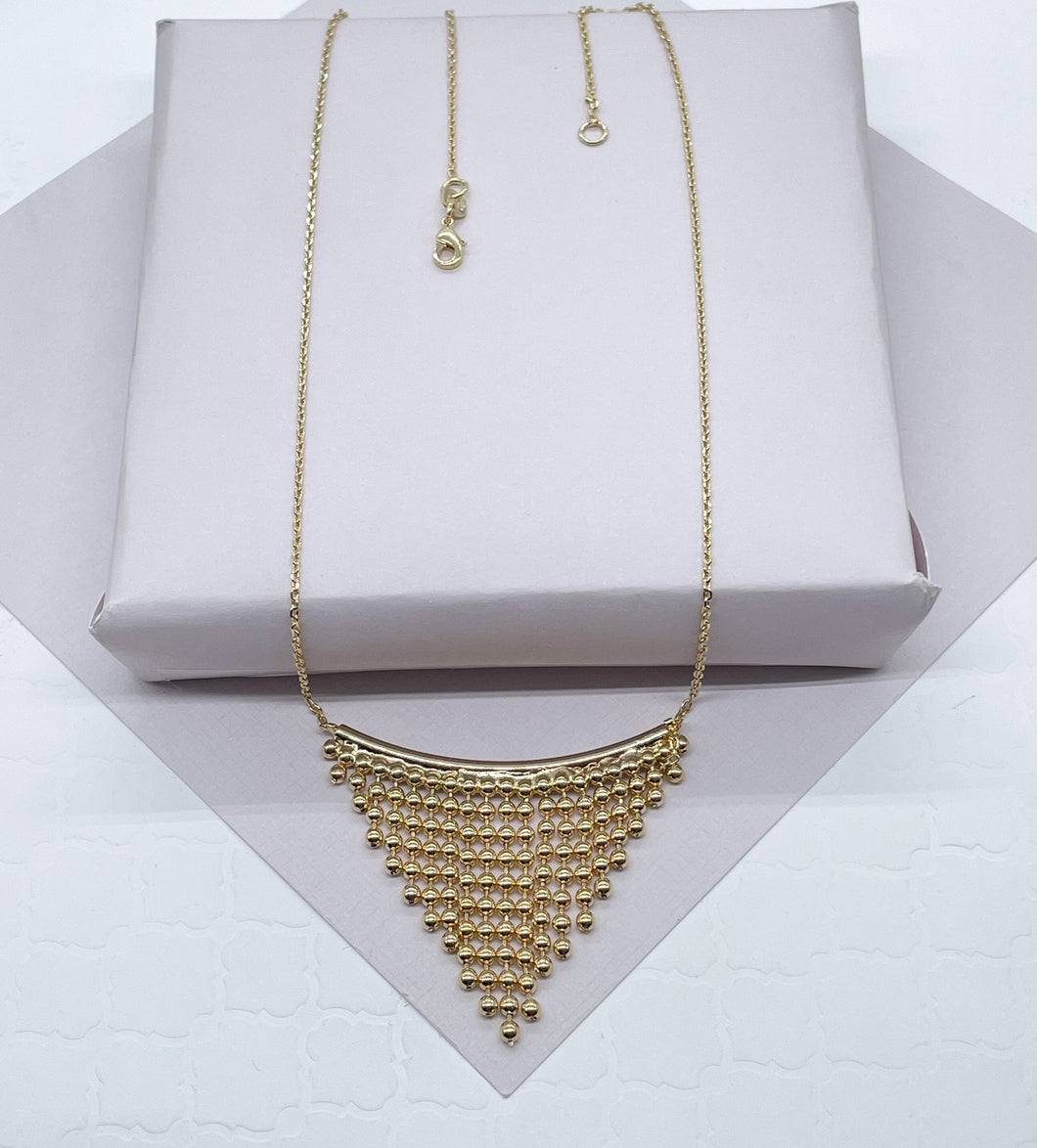 18k Gold Filled Boho Chain Necklace Fringe Dangling Beads, Mesh Inverted Gold Triangle, ,