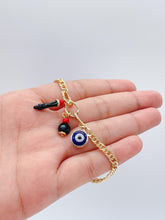 Load image into Gallery viewer, 18k Gold Filled Cuban Link Charm Bracelet: Blue Evil Eye &amp; Figa
