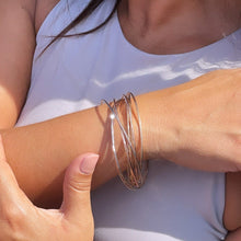 Load image into Gallery viewer, 18k Gold Filled Rugged Tri-Colored Stacked Bangles Bracelet, Groove Style Bracelet Tricolor Jewelry
