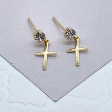 Load image into Gallery viewer, 18k Gold Filled Tiny Hanging Cross with Cubic Zirconia Stud Earrings Jewelry
