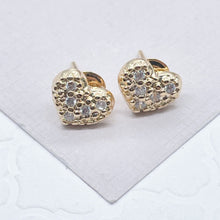Load image into Gallery viewer, 18k Gold Filled Dainty Design Pattern Small Heart Stud Earrings Featuring Micro Cubic Zirconia
