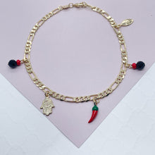 Load image into Gallery viewer, 18k Gold Filled 4mm Figaro Link Charm Anklet Featuring Hamsa, Simulated
