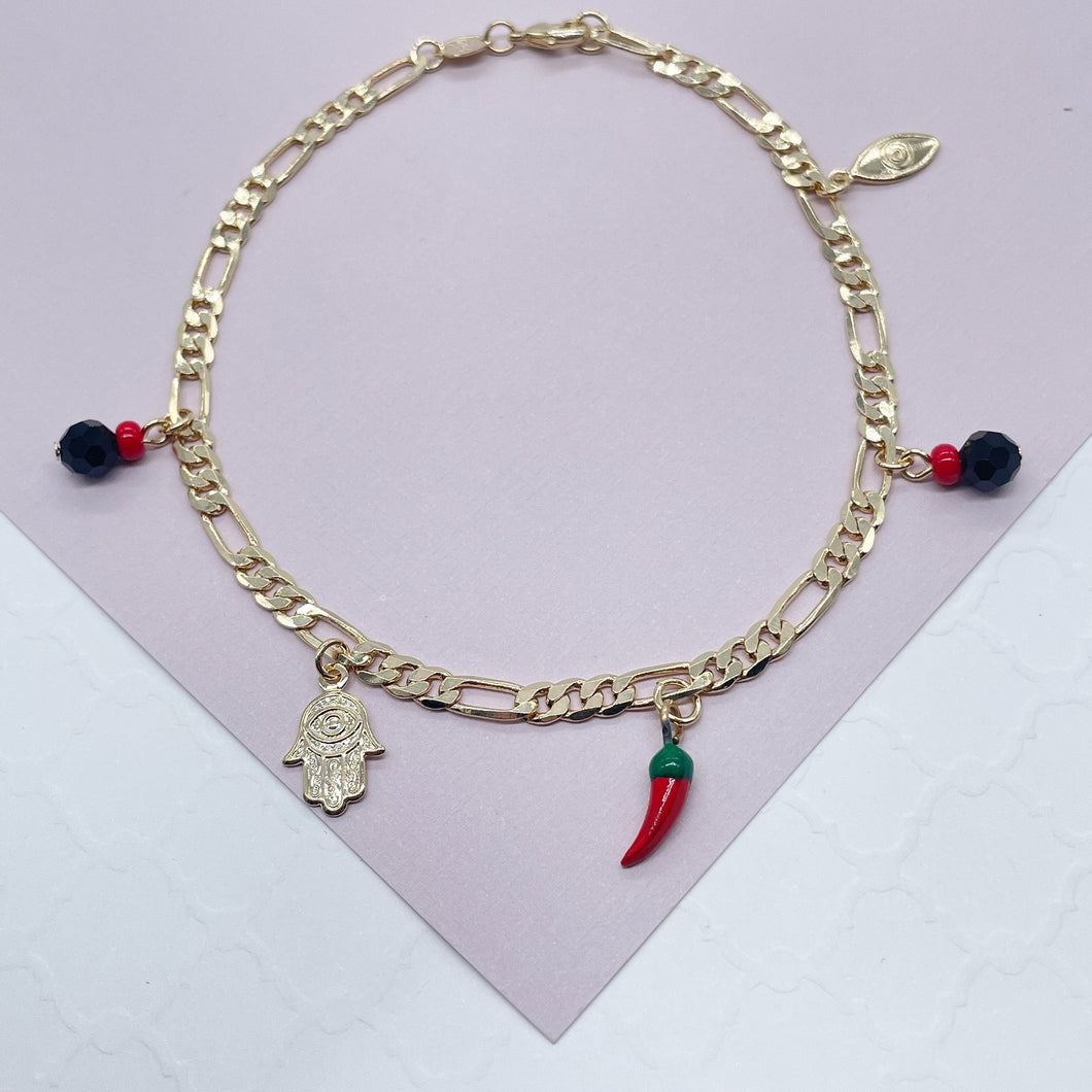 18k Gold Filled 4mm Figaro Link Charm Anklet Featuring Hamsa, Simulated
