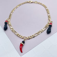Load image into Gallery viewer, 18k Gold Filled Figaro Anklet: Chili &amp; Figa Hand Charms
