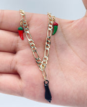 Load image into Gallery viewer, 18k Gold Filled 4mm Figaro Charm Bracelet With Black Figa Hand and Black &amp; Green
