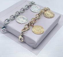 Load image into Gallery viewer, Chunky 18k Gold Filled Coin Charm Bracelet: Saint Benedict Medallion
