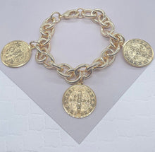 Load image into Gallery viewer, Chunky 18k Gold Filled Coin Charm Bracelet: Saint Benedict Medallion
