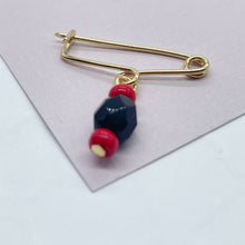 Load image into Gallery viewer, 18k Gold Filled Simulated Azabache Stone Safety Pin Babe Protection Good Luck tune Supplies
