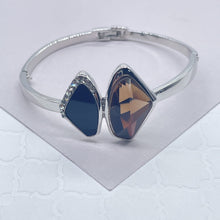 Load image into Gallery viewer, Silver Filled Cuff Bracelet: Brown &amp; Black Stone with Cubic Zirconia
