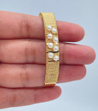 Load image into Gallery viewer, 18k Gold Filled Plain Cuff Bracelet Wrapped In Gold Thread And Pearls Detail,
