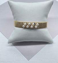 Load image into Gallery viewer, 18k Gold Filled Plain Cuff Bracelet Wrapped In Gold Thread And Pearls Detail,
