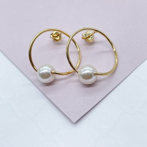 18k Gold Filled Designed Thin Hoop Earring With Simulated Pearl Wholesale