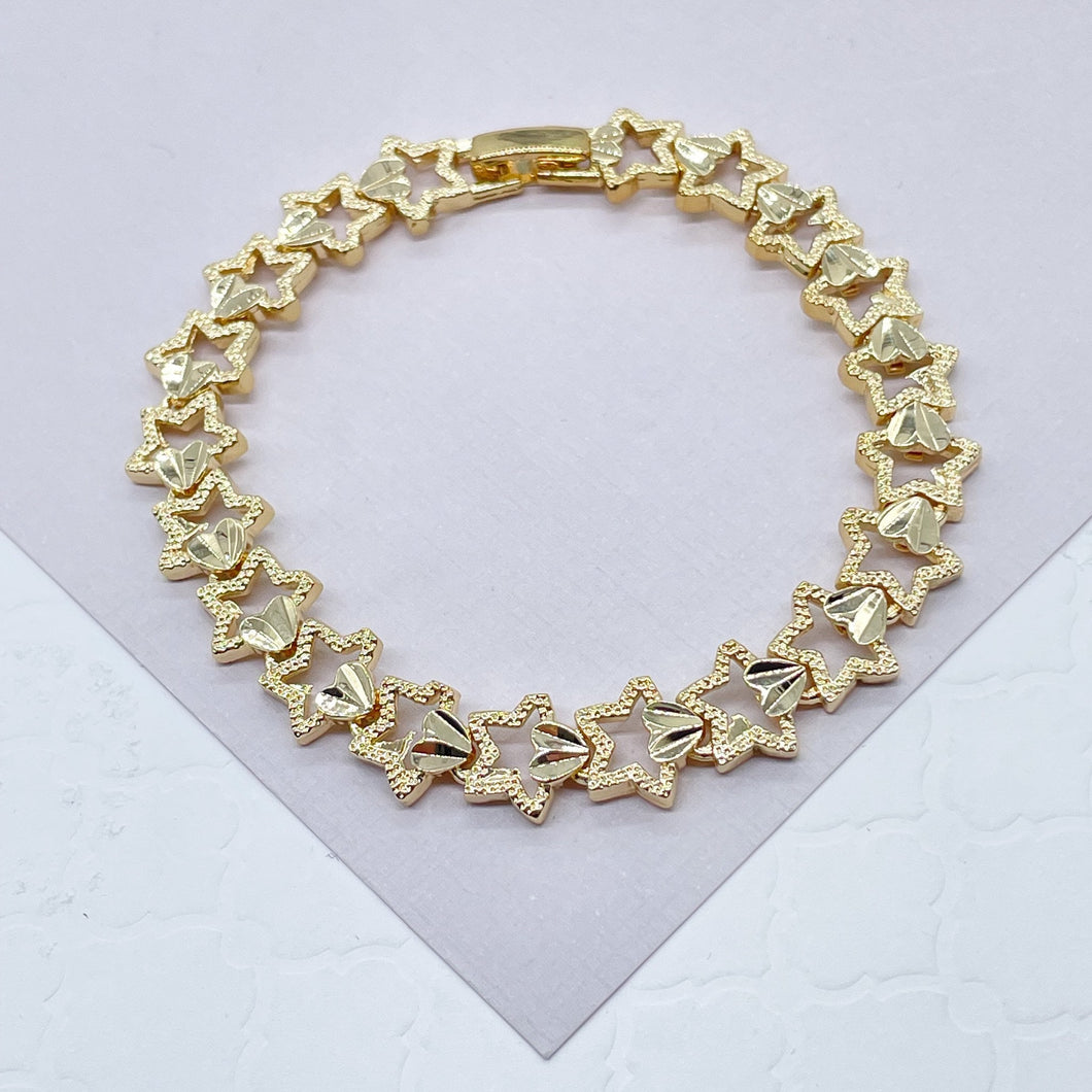 18k Gold Filled Hallowed Star and Attached Heart Engraved Pattern Bracelet For