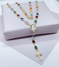 Load image into Gallery viewer, Trendy 18k Gold Filled Rosary Featuring Multi Colored Acrylic And Gold Crucifix Cross

