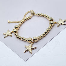 Load image into Gallery viewer, 18k Gold Filled 4mm Beaded Bracelet With Starfish Charms In An Sophisticated Slide Clasp Jewelry
