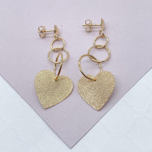 Load image into Gallery viewer, 18k Gold Filled Rough Matte Flat Heart Dangling Earrings Wholesale Jewelry
