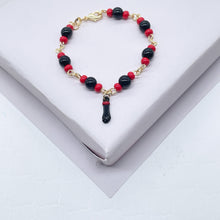 Load image into Gallery viewer, 18k Gold Filled Kids Beaded Bracelet: Black Figa Hand &amp; Azabache Stones
