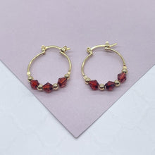 Load image into Gallery viewer, 18k Gold Filled Thin Hoop Earrings With Diamond Shape Maroon Acrylic And Mini Gold Beads
