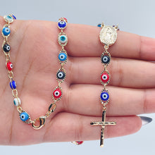 Load image into Gallery viewer, 18k Gold Filled 24” long Colorful Evil Eye Rosary Style Necklace Featuring Our
