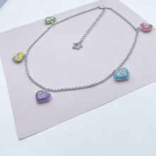 Load image into Gallery viewer, Silver Filled Necklace with Colorful Enamel Heart Charms
