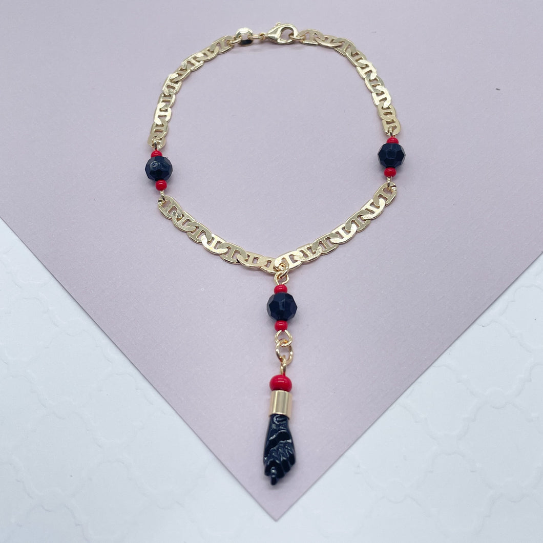 18k Gold Filled Mariner Link Bracelet Featuring Figa And Simulated Azabaches for