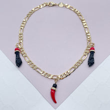 Load image into Gallery viewer, 18k Gold Filled Figaro Anklet: Chili &amp; Figa Hand Charms

