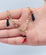 Load image into Gallery viewer, 18k Gold Filled Figaro Anklet: Chili &amp; Figa Hand Charms
