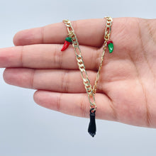 Load image into Gallery viewer, 18k Gold Filled 4mm Figaro Charm Anklet With Black &quot;Figa&quot; Hand Red &amp; Green
