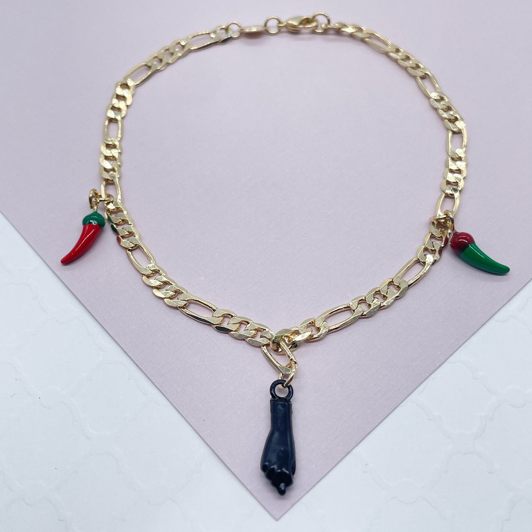 18k Gold Filled 4mm Figaro Charm Anklet With Black 