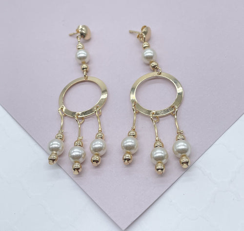 18k Gold Filled Boho Dreamcatcher Inspire Design Dangle Earrings Featuring Details in Simulated Pearl Jewelry