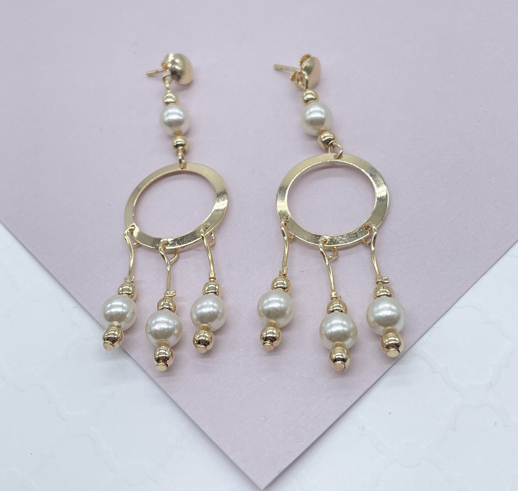 18k Gold Filled Boho Dreamcatcher Inspire Design Dangle Earrings Featuring Details in Simulated Pearl Jewelry