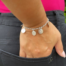 Load image into Gallery viewer, Silver Filled Angel Charm Rolo Bracelet Featuring Seven Angel Medals
