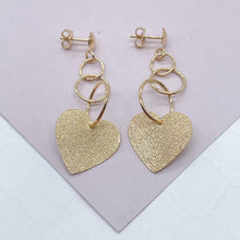 Load image into Gallery viewer, 18k Gold Filled Rough Matte Flat Heart Dangling Earrings
