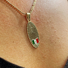 Load image into Gallery viewer, 18k Gold Filled Oval Shaped Our Lady of Guadalupe Pendant Featuring Mexican Flag Supplies
